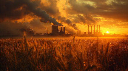 Fototapeta premium wheat fields and a factory in the background that shows environmental issues