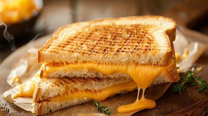 Hot grilled cheese sandwich with steam and melted cheese
