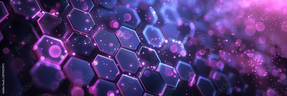 Aufkleber abstract hexagonal background in vibrant purple and blue tones with glowing lights and bokeh effect.