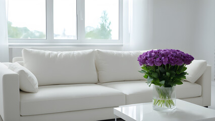 Interior of modern living room with white sofa and flowers in vase