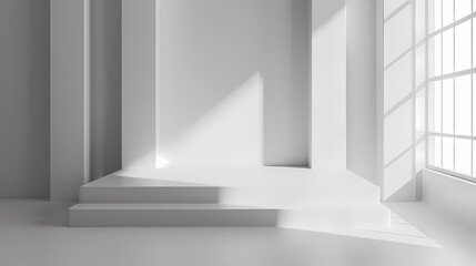 Fototapeta premium Sunlight streaming through large windows, creating elegant shadows on a white, minimalist interior.