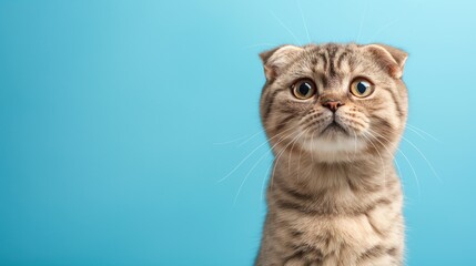 cat with shock sad expression eyes on isolated blue background with copy space