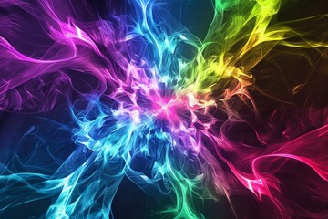 A dynamic fractal pattern in vivid colors like electric blue, neon green, and magenta, bursting outward from a central point. 
