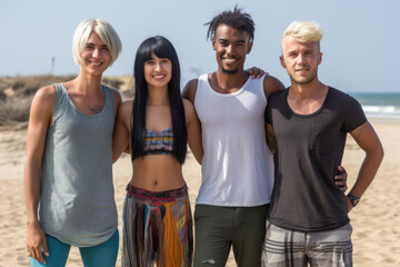 Obraz premium A group of happy diverse friends posing on the beach. 