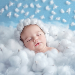 Beautiful baby peacefully sleeping among cotton flowers. 
