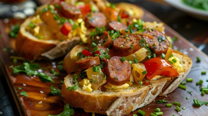 Migas con chorizo fried bread with sausage seasoned image