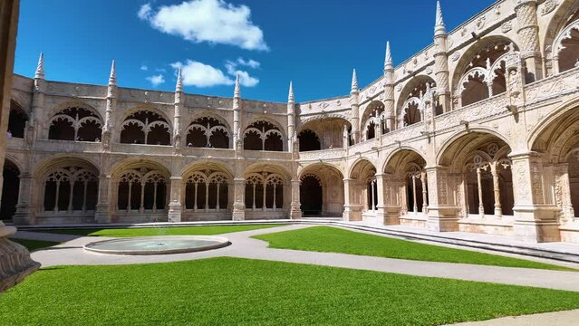 Cloisters of the Hieronymite Monastery and mesh vaults in the courtyard, Mosteiro dos Jeronimos in the district of Belem.