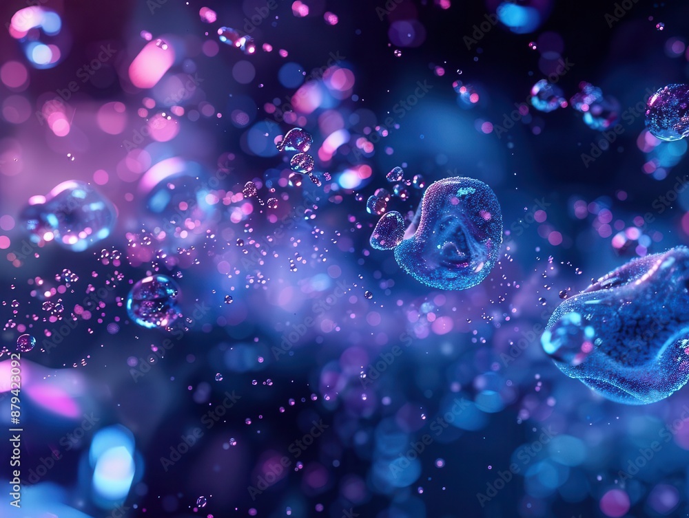 Poster bioluminescent nanoparticles in azure solution abstract molecular structures ethereal glow microscop