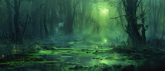 Spooky swamp with glowing water