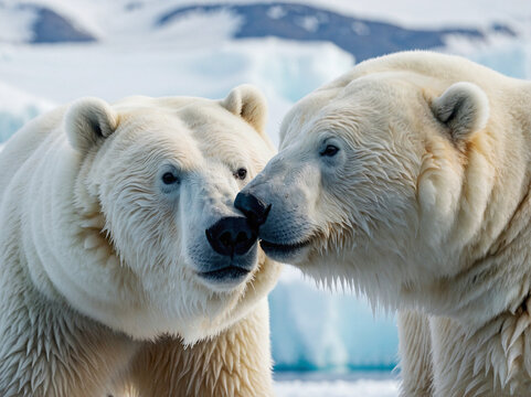Polar bears nuzzling in the Arctic with icebergs around