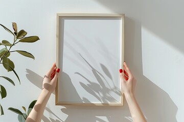 Minimalistic mockup of elegant wooden frame held by female hands against textured wall with sunlight and shadows from leaves