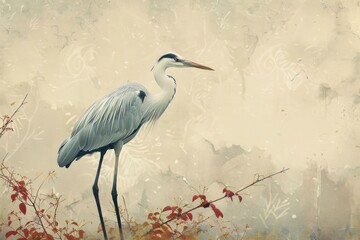 Naklejka premium Grey heron standing on one leg looking for fish in a pond with a vintage background