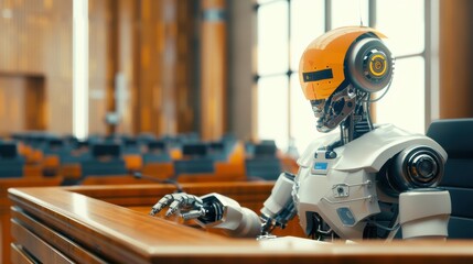 Robot in a courtroom. Advanced AI humanoid robot interacting with legal proceedings demonstrates futuristic technology in law.