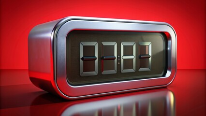 Modern sleek digital alarm clock with bright red background and subtle metallic accents displays time in bold numeric format.