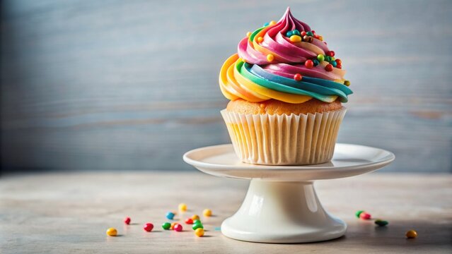 A delicious, colorful, and artfully decorated cupcake with swirly frosting and sprinkles on a clean, white, ceramic pedestal stand.