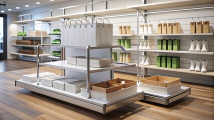 Modern retail fixture featuring an empty product display tray with hooks, hanging PDQ display box showcasing three angles in a minimalist setting.