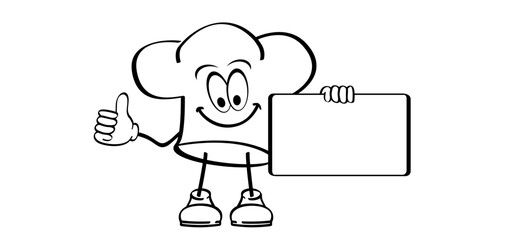 Cartoon mascot, chef's hats. Chef clothing uniform caps. Vector icon or symbol. Toque cuisine chef for kitchen. Chef hat or cap. Cook logo. Stickman and Empty signboard. Restaurant sign and symbol.