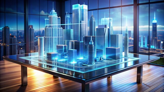 Modern futuristic 3D cityscape blueprint with sleek futuristic architecture and virtual reality visualization tools on a holographic table display.
