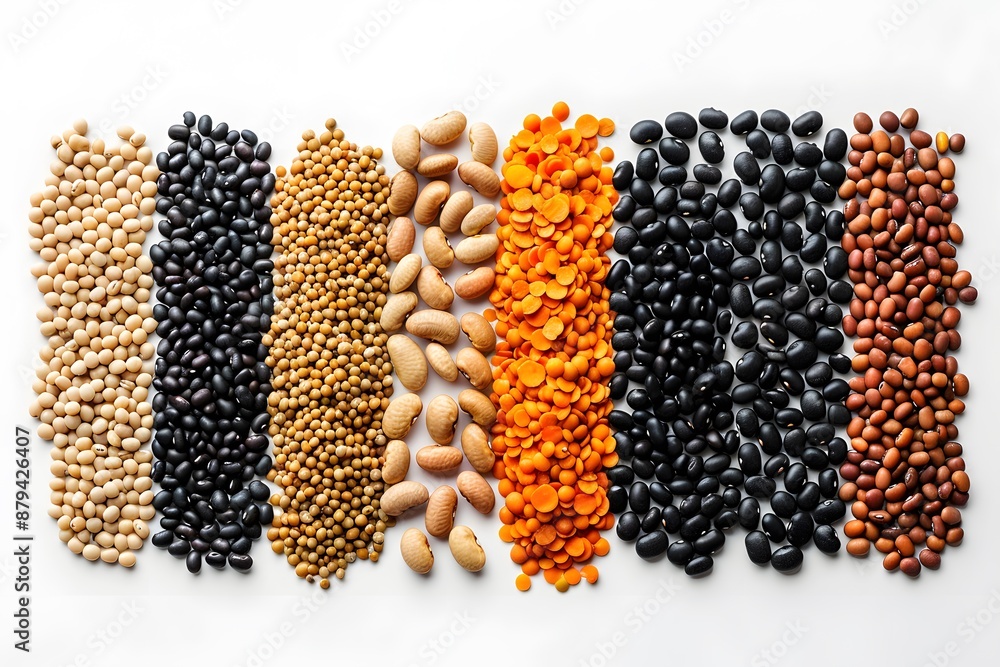 Poster assorted colorful beans and lentils neatly arranged in rows