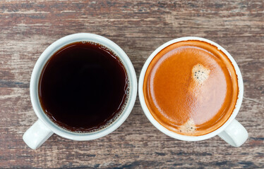 Top view two coffee cup, Americano coffee and espresso coffee on wooden table