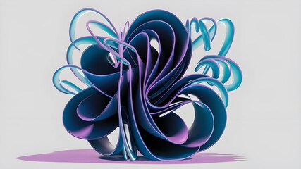 Flower purple swirls for photoshop, in the style of anaglyph filter, abstract sculpture, dark azure and light aquamarine, squiggly line style, white background, technological art, luminous 3d objects