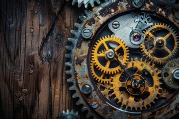 Fototapeta premium Mechanical Clock. Vintage Clockwork with Metal Gears and Cogs on Wooden Background