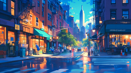 Obraz premium street of city on night with moon style anime