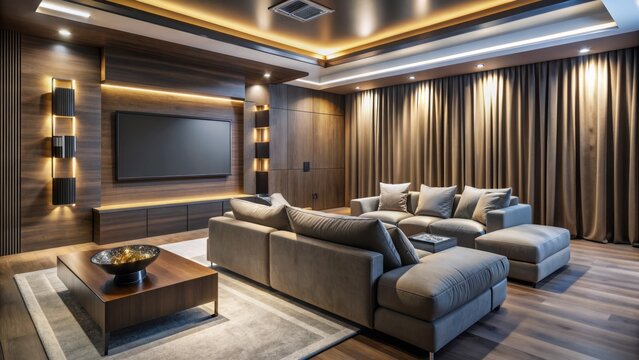 Sleek, modern living room transformed into an intimate cinematic sanctuary with concealed speakers, sumptuous seating, and darkening drapery.