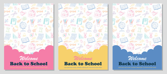 Back to school poster set, checkered background. Vector minimalist design with school supplies, stationery. Templates for ads, branding, banner, flyer, sale