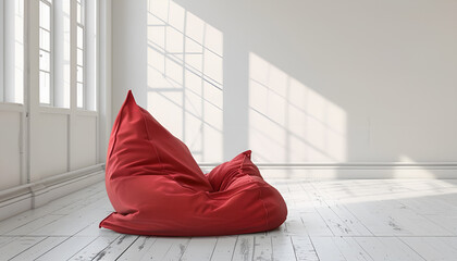 Red bean bag chair on white wooden floor in modern white room
