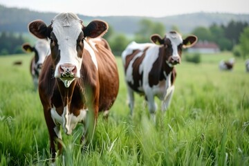 Milk Cows Grazing in Lush Green Field. Closeup of Dairy Cattle in Agricultural Countryside