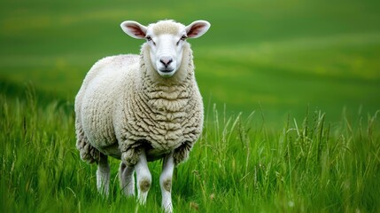 Obraz premium A white sheep in a grassy field with a green backdrop