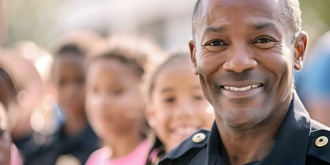 Police officer mentors youth leads neighborhood watch program for community safety. Concept Police officer, Youth mentoring, Neighborhood watch, Community safety