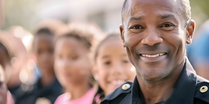 Police officer mentors youth leads neighborhood watch program for community safety. Concept Police officer, Youth mentoring, Neighborhood watch, Community safety