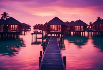 Obraz premium resort sky luxurious villa wooden bungalows ocean tropical paseo thatched color bungalow peach exotic sunset water overwater hut purple