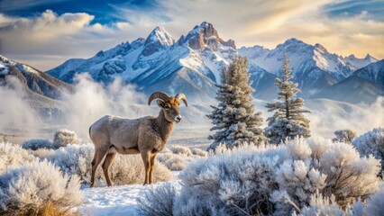 Majestic Bighorn lamb stands alone amidst serene winter landscape of snow-covered Grand Teton mountains with frosty trees and misty atmosphere.