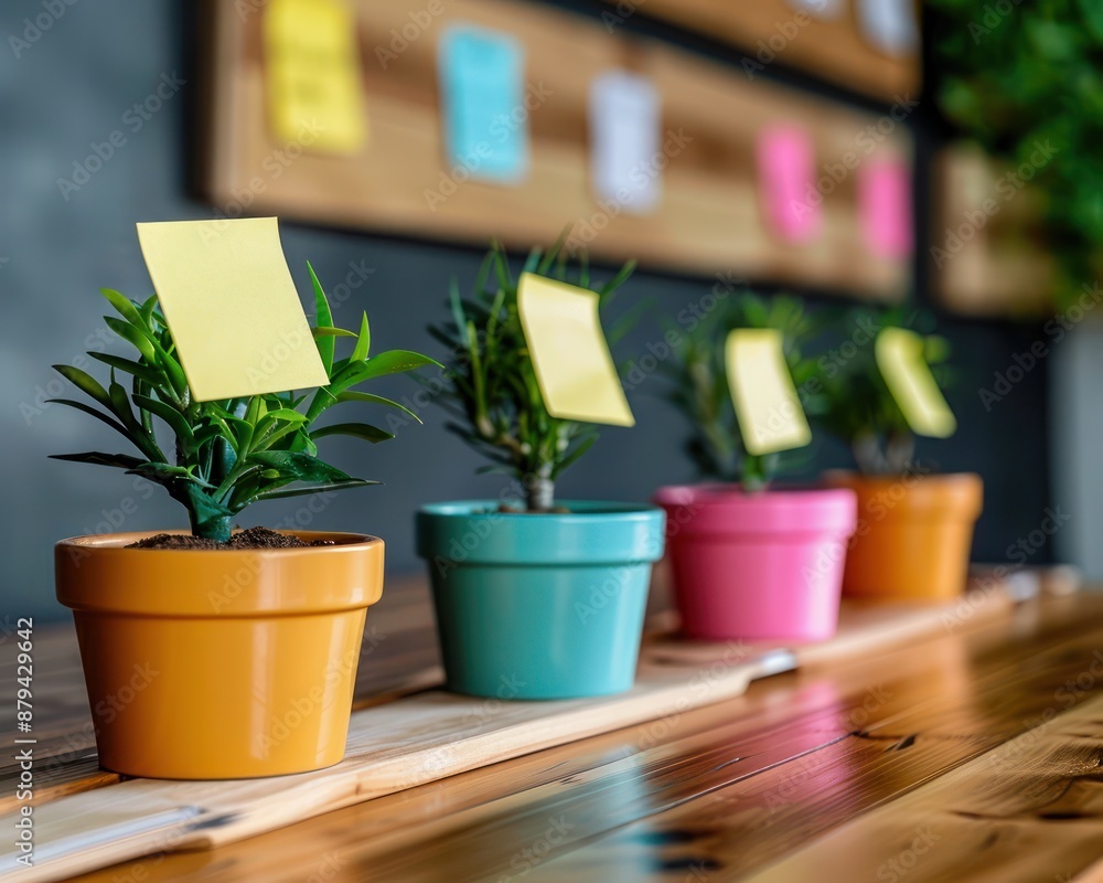 Poster boost productivity with colorful post-it notes and plants creative reminders task lists for a bright