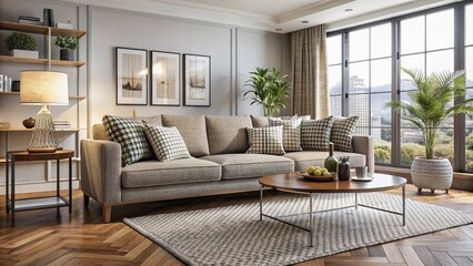 Fototapeta premium Sleek, modern living room featuring a tweed sofa, neutral hues, clean lines, and subtle geometric patterns in a serene ambiance.