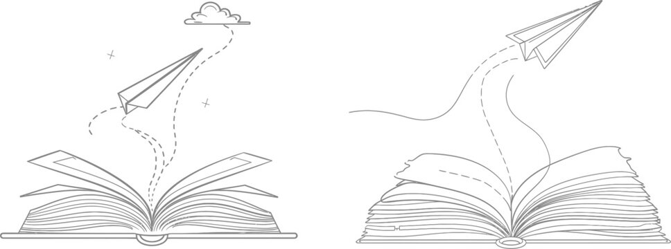 Hand drawn sketch of flying paper plane and open book. Continuous drawing for business, education. Single line drawing of school content on white background. Modern illustration.