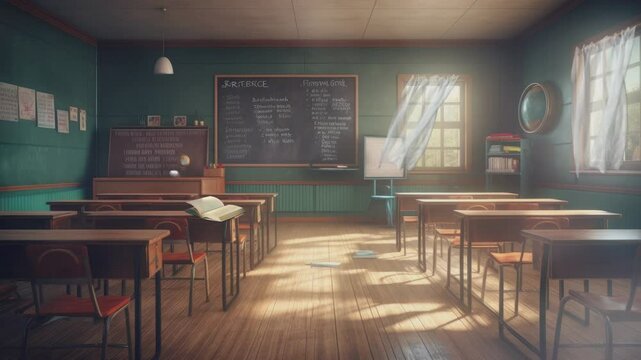 back to school classroom with blackboard background with anime or cartoon style. seamless looping time-lapse virtual video animation background.