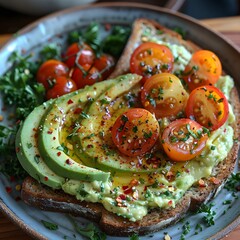 Ketogenic Breakfast Avocado and Tomato Toast on Keto Diet - High-Quality Top-Down View - AI, KI