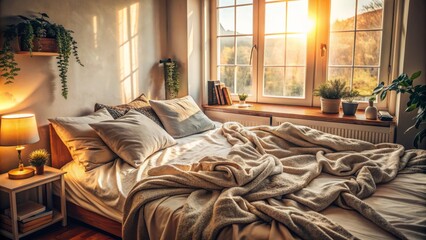 Cozy bedroom with messy sheets, wrinkled blanket, and soft morning light peeking through the window, evoking feelings of laziness.