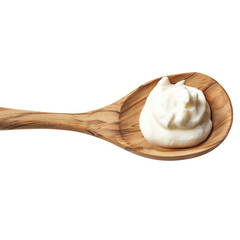A wooden spoon with Greek yogurt isolated on transparent background, png.