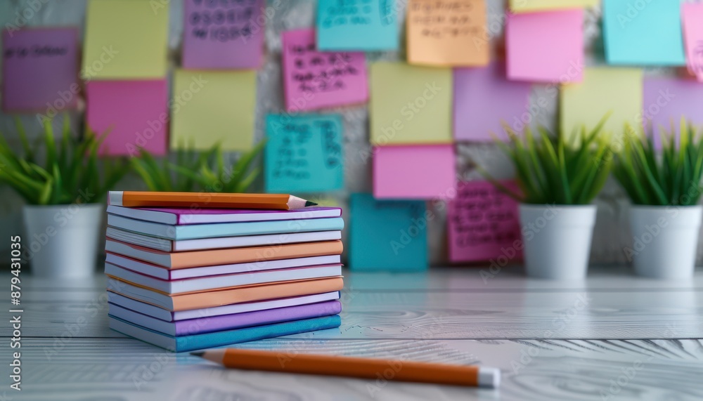 Poster organize your life with colorful sticky notes and notebooks bright reminders for project organizatio