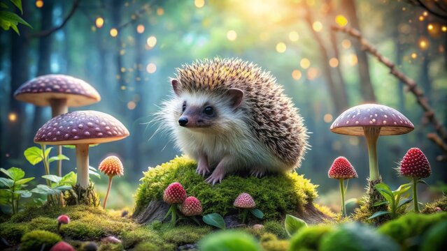 Adorable tiny hedgehog sitting on a toadstool surrounded by whimsical watercolor mushrooms and delicate ferns in a mystical forest.