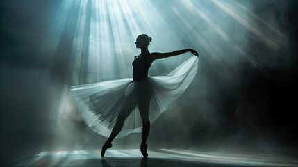 Obraz premium Elegant ballerina silhouette performing dance in smoky, backlit scene