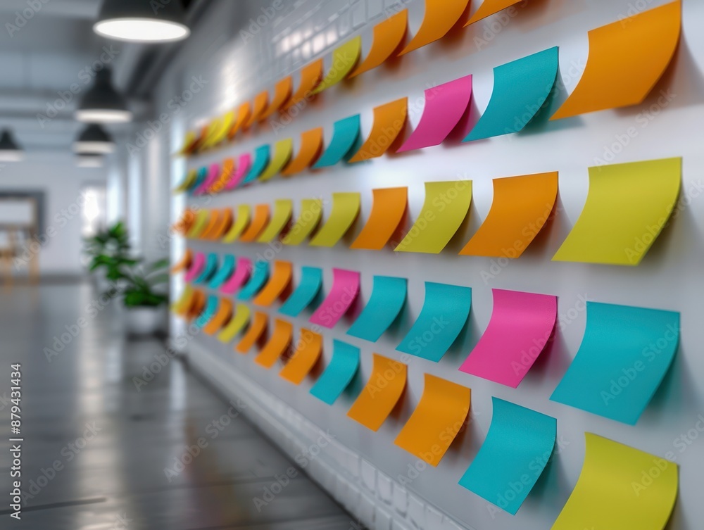 Poster vibrant post-it notes on whiteboard, creative task management scheme for productivity and collaborat