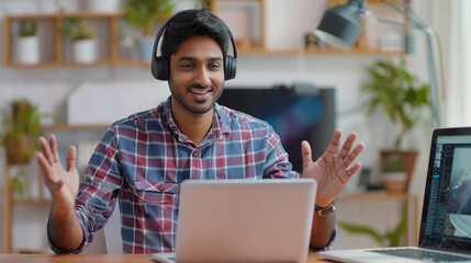 Young Indian man sitting at desk wearing wireless headphones greets teacher start video call lesson to gain new knowledge, learn language, studying online, using laptop and videoconference application