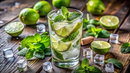 Refreshing summer drink with fresh mint sprigs and lime wedges garnishing a clear glass filled with icy crisp liquid.