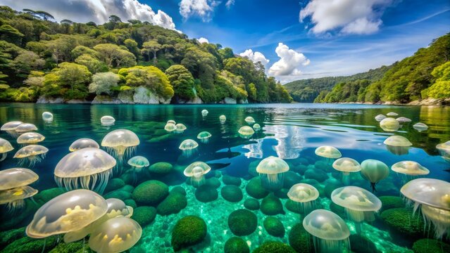 Crystal-clear turquoise water of Palau's Eil Malk island's Jellyfish Lake filled with translucent jellyfish floating in serene turquoise surroundings.